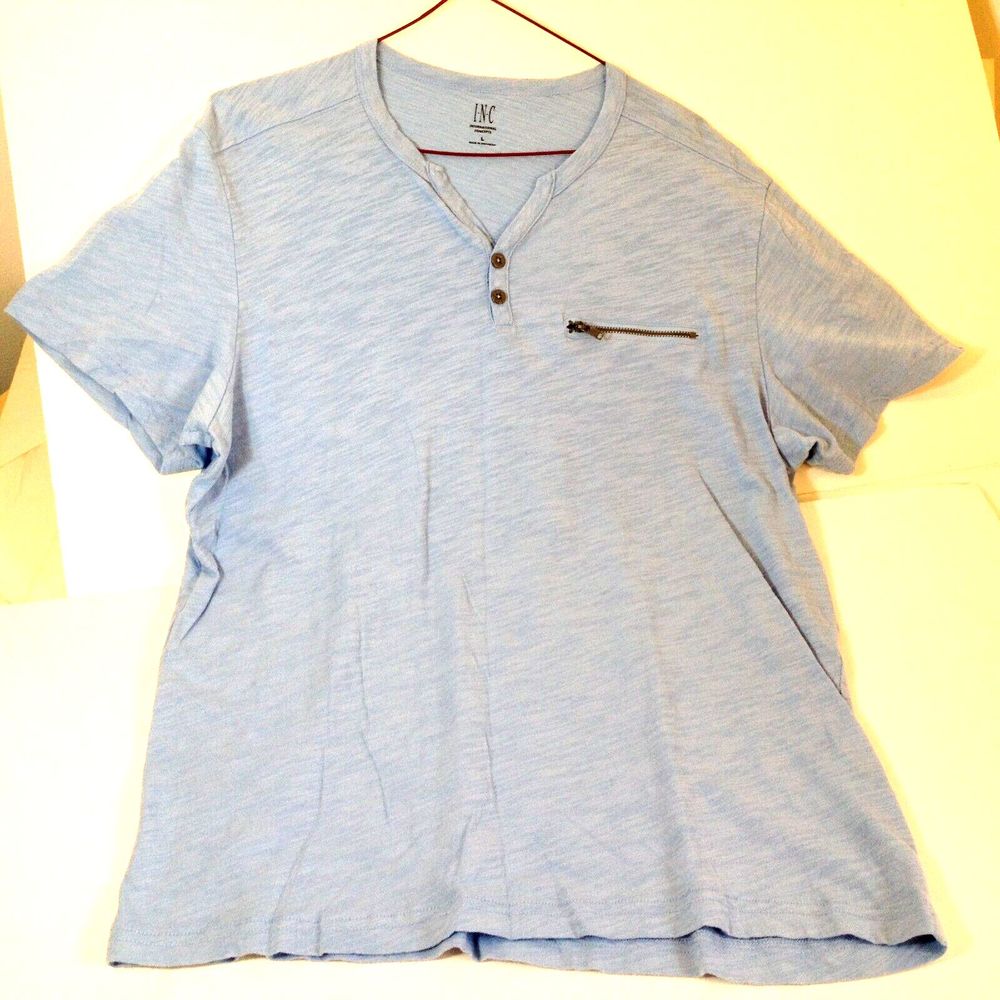 INC Knit Short Sleeve Henley V Neck Short Sleeve Blue Shirt Cotton Size L